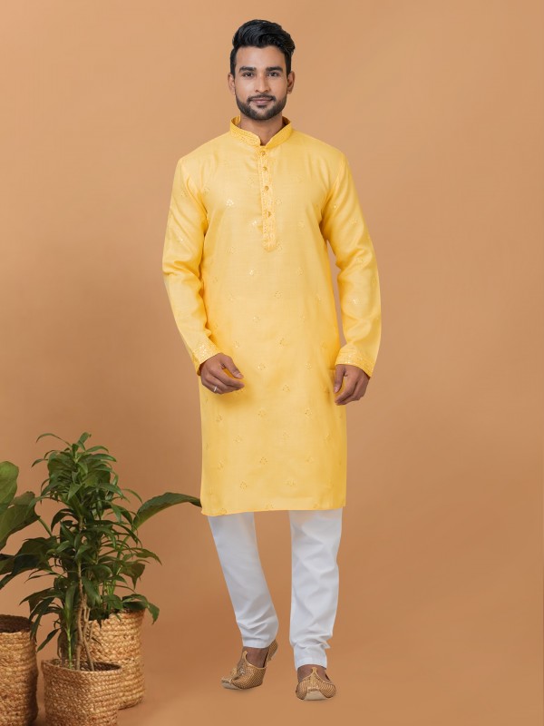 Cotton Readymade Kurta set in Light Mustard color with Sequence Embroidery Work