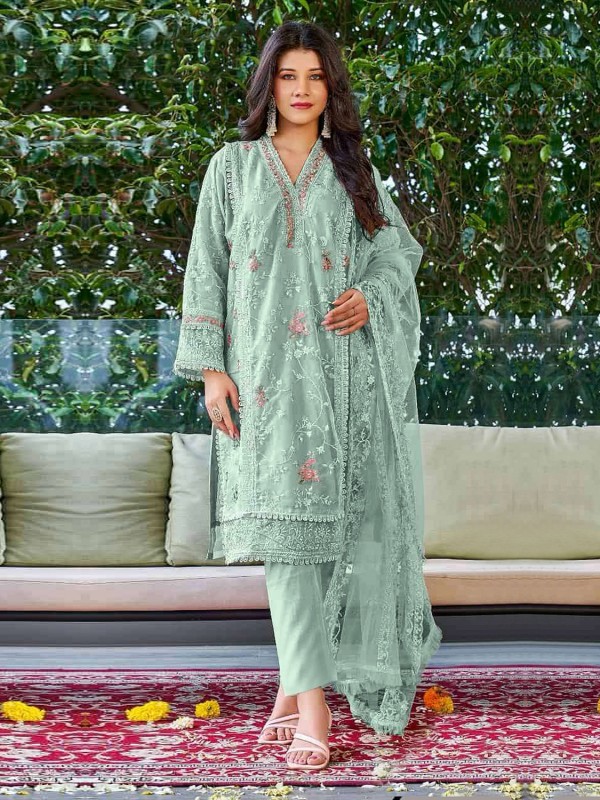 Organza Silk Party Wear Suit in Light Green Color With Embroidery Work