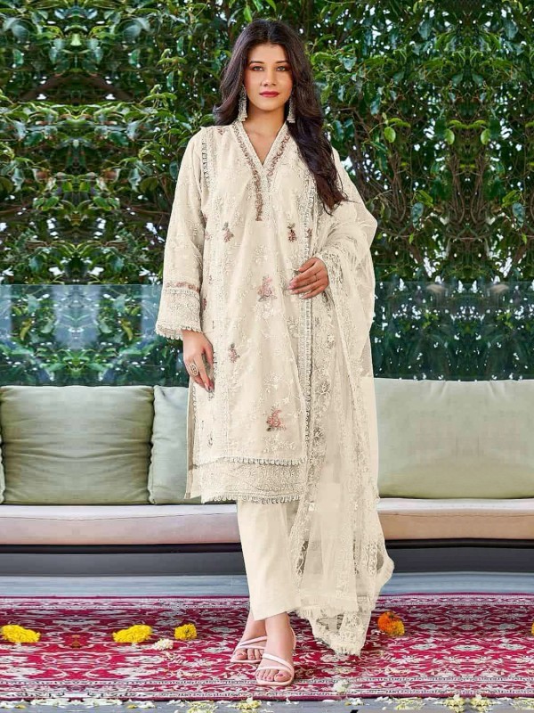 Organza Silk Party Wear Suit in White Color With Embroidery Work
