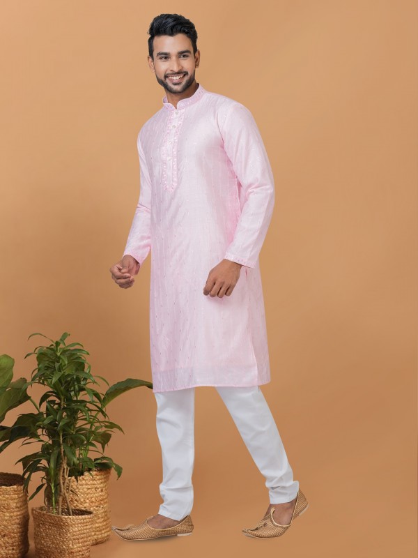 Viscose Cotton Silk Readymade Kurta set in Light Pink color with Sequence Embroidery Work