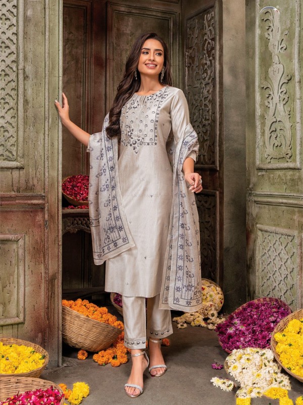 Pure Viscose Silk  Casual Wear Suit In Grey Color With Embroidery Work 
