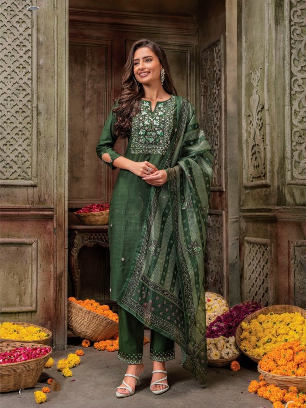 Pure Viscose Silk  Casual Wear Suit In Green Color With Embroidery Work 