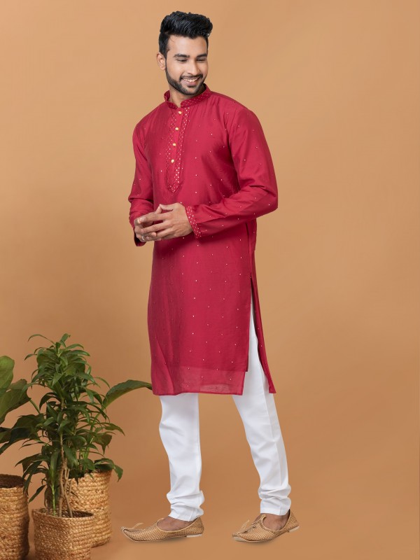 Viscose Cotton Silk Readymade Kurta set in Red color with Sequence Embroidery Work