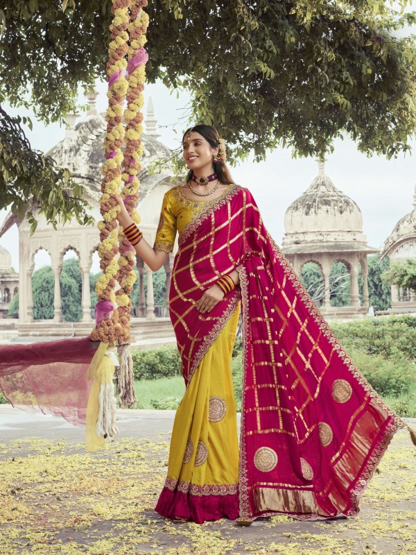 Pure Dola Silk Wedding Wear Saree In Pink & Yellow Color With Embroidery Work