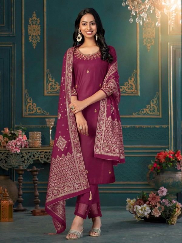 Pure Viscose Fabric Party Wear Suit In Magenta Color With Handwork 