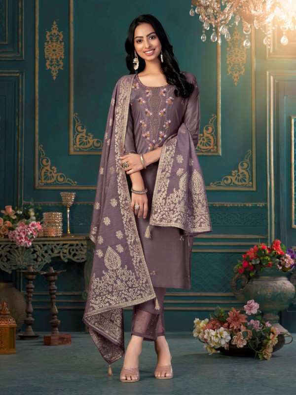 Pure Viscose Fabric Party Wear Suit In Purple Brown Color With Handwork 