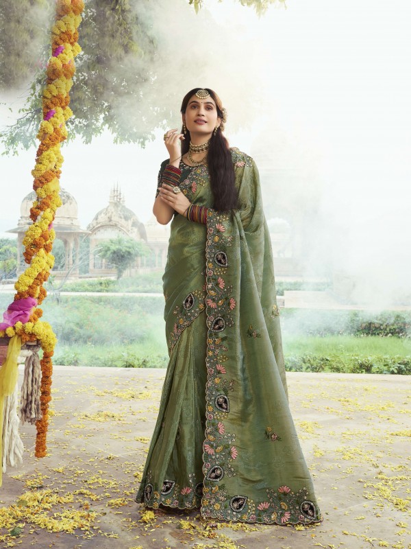 Pure Dola Silk Wedding Wear Saree In Mahendi Green Color With Embroidery Work