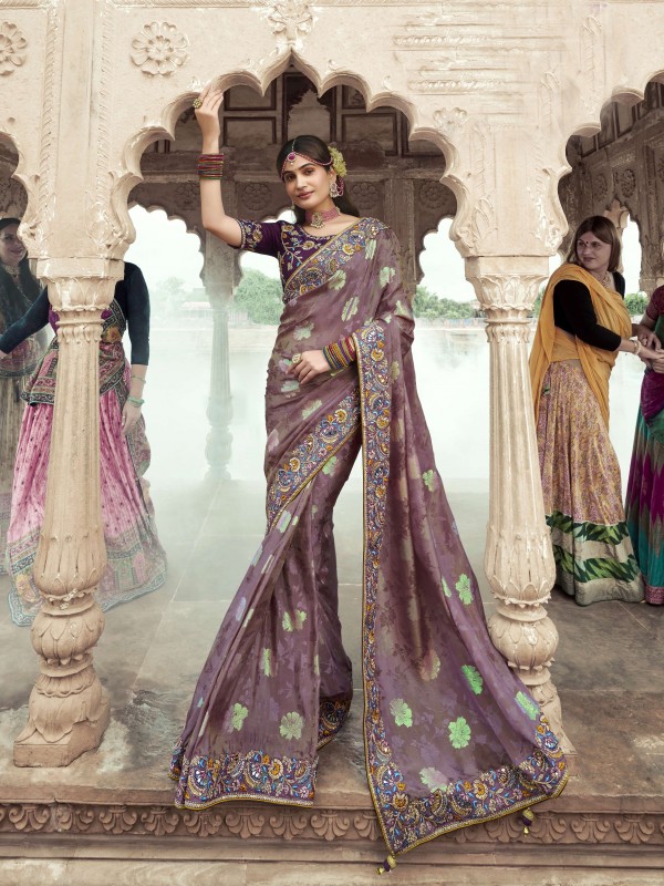 Pure Dola Silk Wedding Wear Saree In Light Purple Color With Embroidery Work
