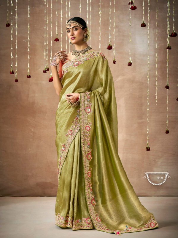 Pure Organza Silk Party wear Saree Green Color With Embroidery Work 