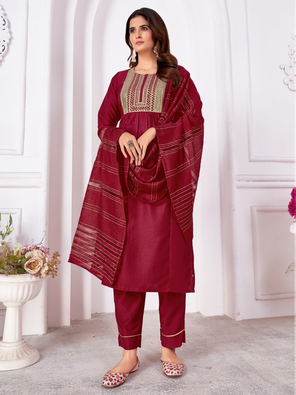 Silk Party Wear Salwar Suit in Maroon Color with Embroidery Work 