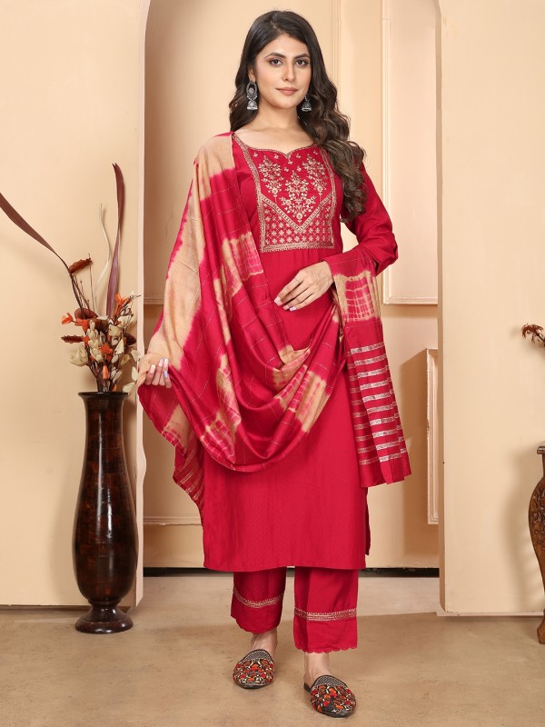 Silk Party Wear Salwar Suit in Red Color with Embroidery Work 