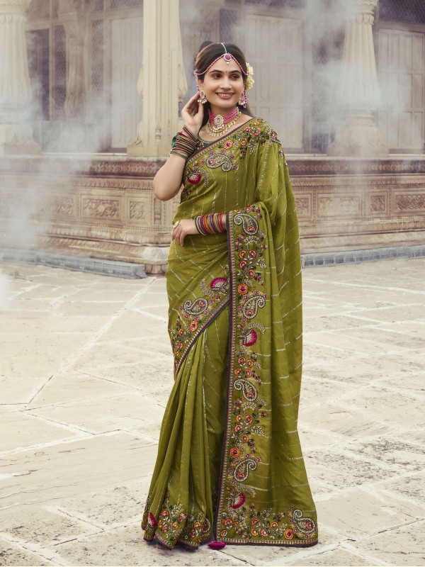 Pure Dola Silk Wedding Wear Saree In Mahendi Green Color With Embroidery Work