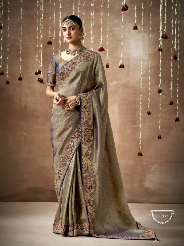 Pure Organza Silk Party wear Saree Olive Color With Embroidery Work 