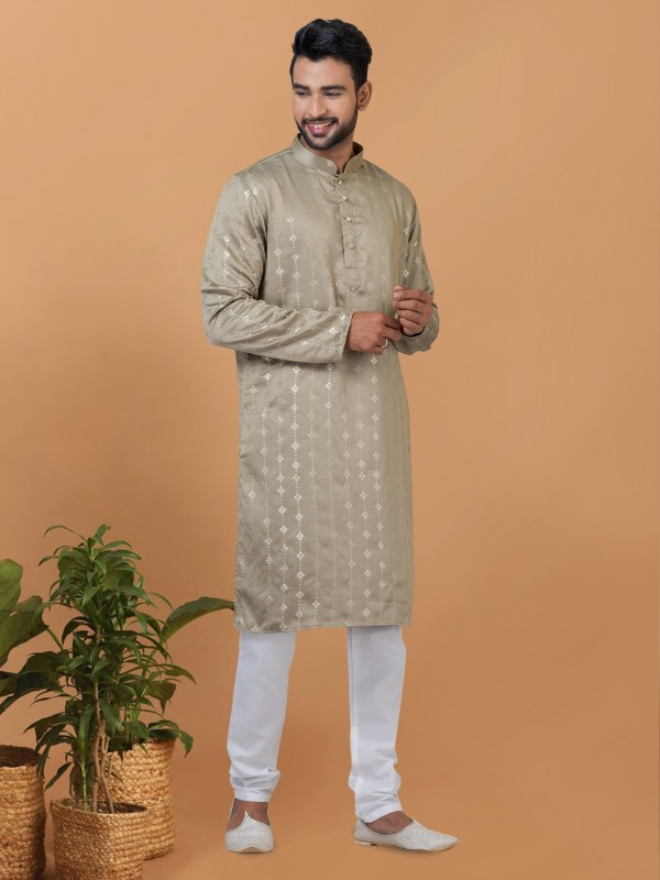 Gaji Silk Readymade Kurta set in Dull Green with Sequence Embroidery Work