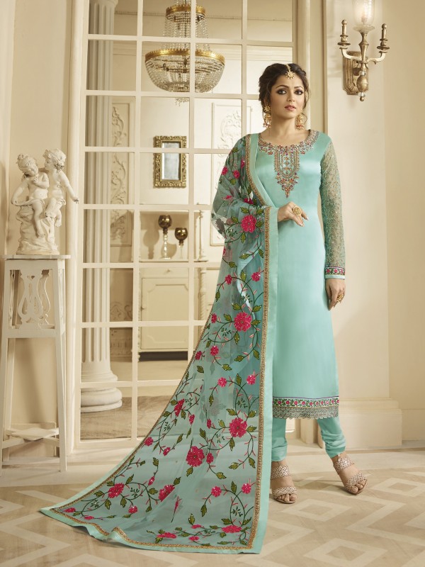 Satin Georgette Party Wear Salwar Kameez In Sea Blue With Embroidered & Stone Work