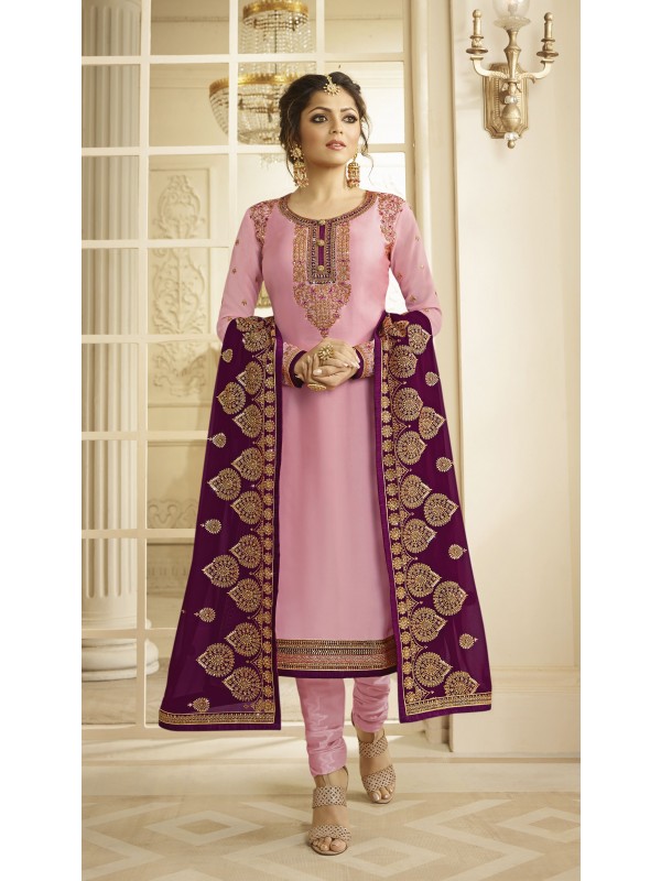 Satin Georgette Party Wear Salwar Kameez In Pink With Embroidered Work