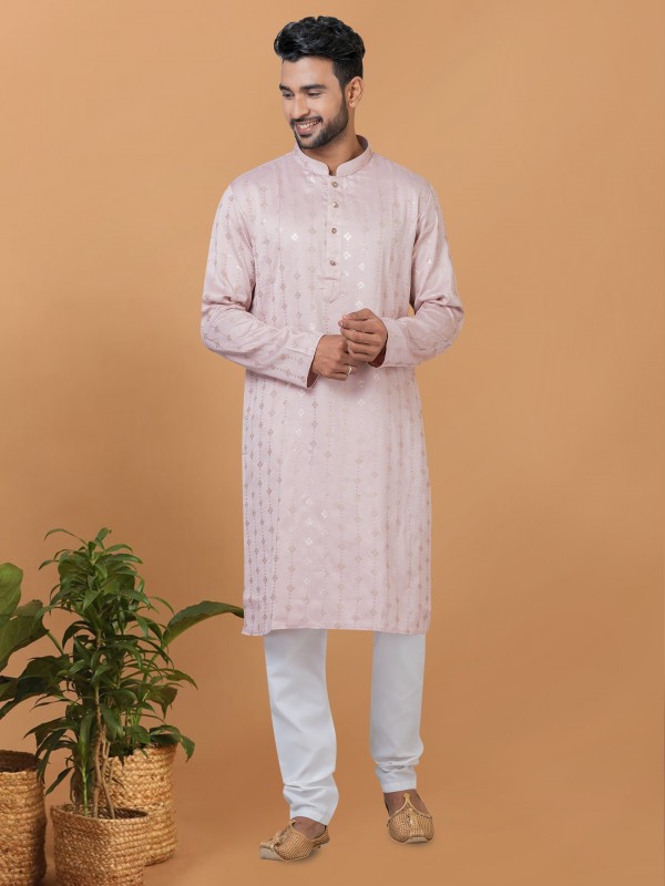 Gaji Silk Readymade Kurta set in Pink with Sequence Embroidery Work