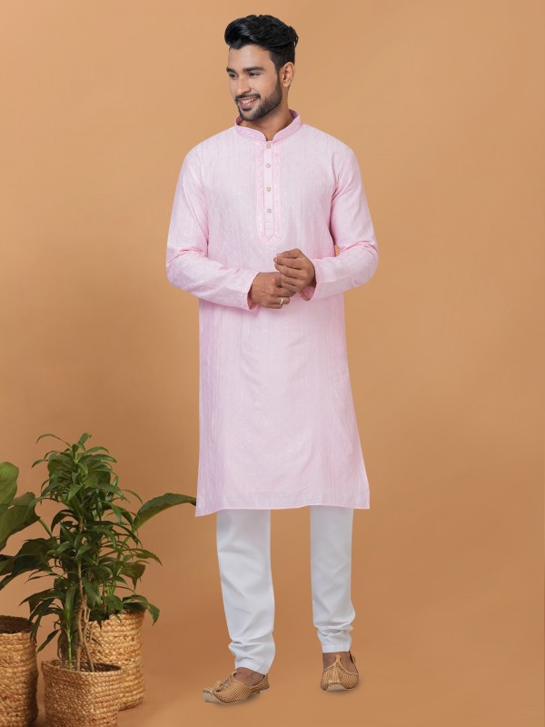 Viscose Cotton Silk Readymade Kurta set in Light Pink color with Sequence Embroidery Work