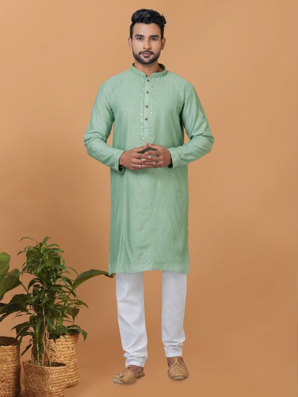 Viscose Cotton Silk Readymade Kurta set in Pista color with Sequence Embroidery Work