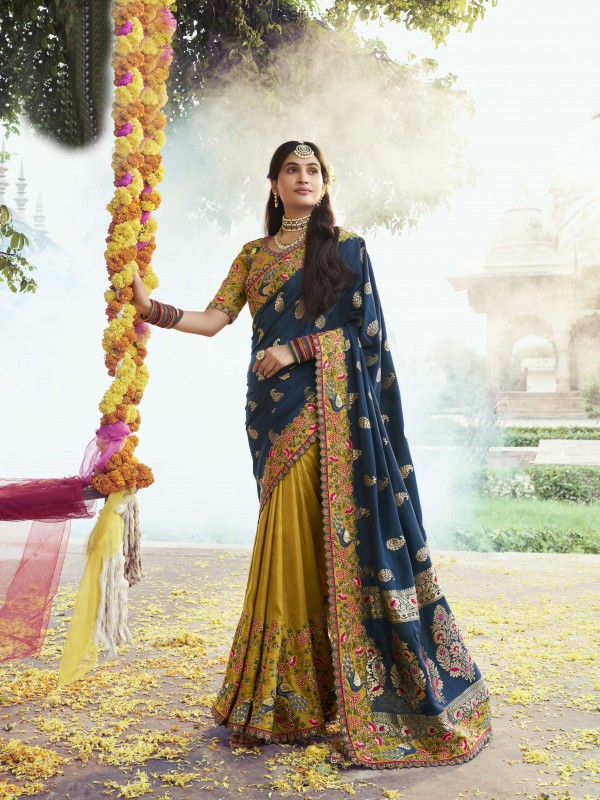 Pure Dola Silk Wedding Wear Saree In Blue Color With Embroidery Work