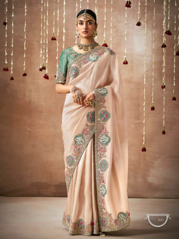Pure Organza Silk Party wear Saree Cream Color With Embroidery Work 
