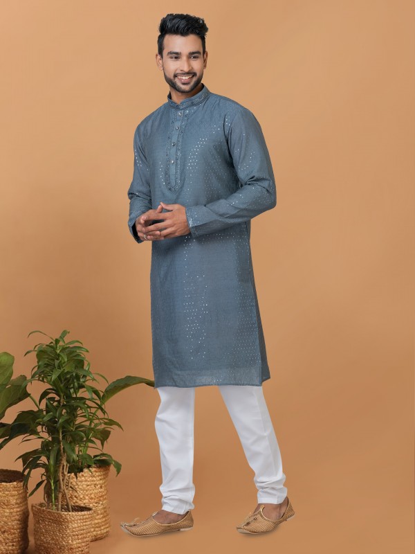 Viscose Cotton Silk Readymade Kurta set in Grey color with Sequence Embroidery Work