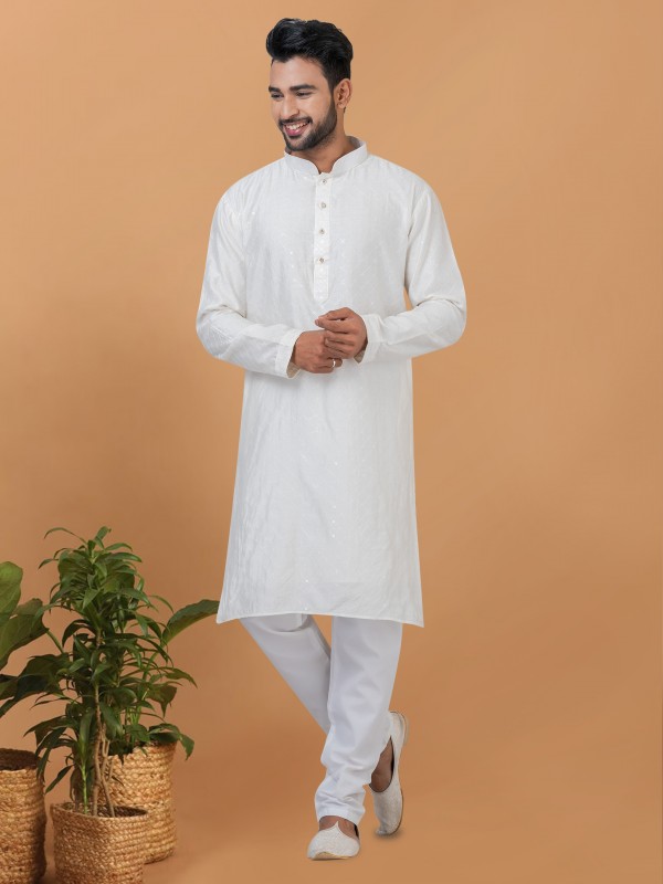 Viscose Cotton Silk Readymade Kurta set in White color with Sequence Embroidery Work