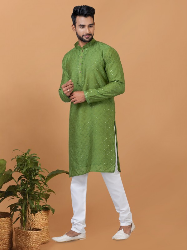 Viscose Cotton Silk Readymade Kurta set in Olive Green with Sequence Embroidery Work