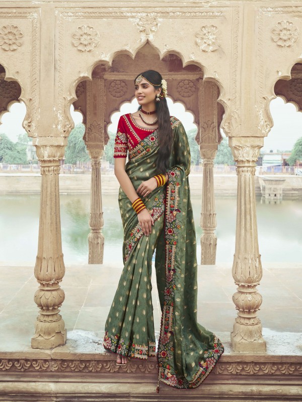 Pure Dola Silk Wedding Wear Saree In Mahendi Green Color With Embroidery Work