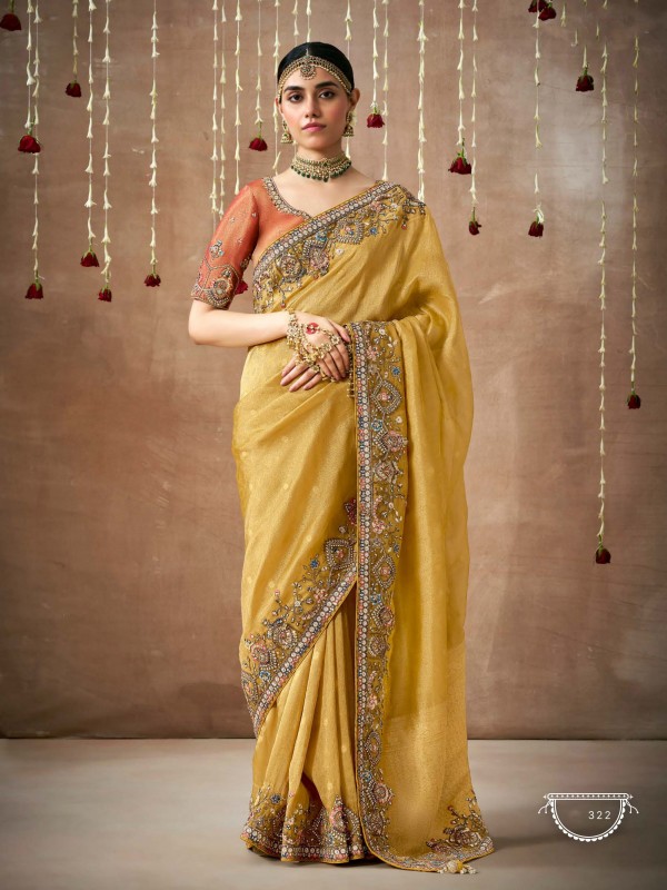 Pure Organza Silk Party wear Saree Yellow Color With Embroidery Work 