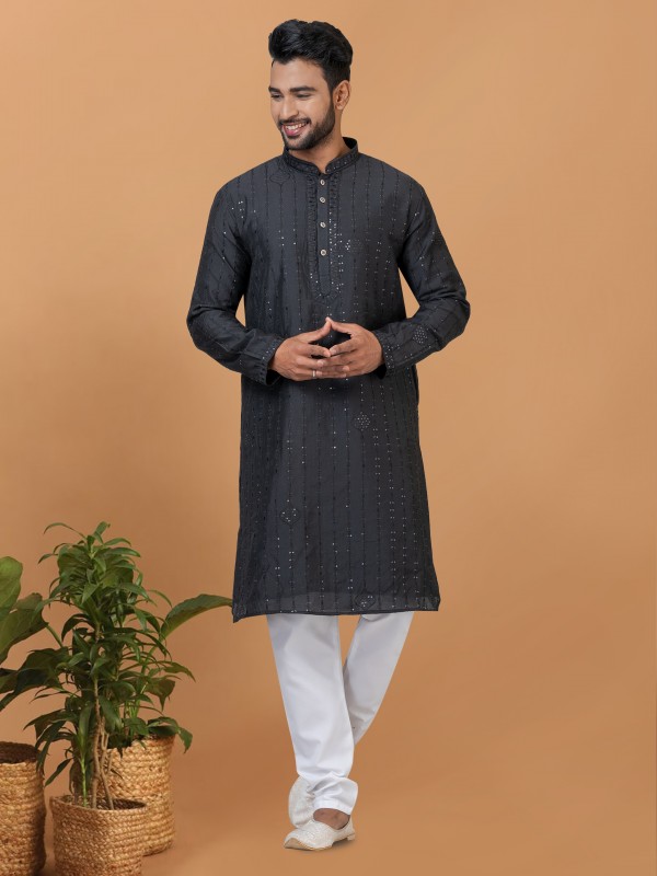 Viscose Cotton Silk Readymade Kurta set in Black with Sequence Embroidery Work