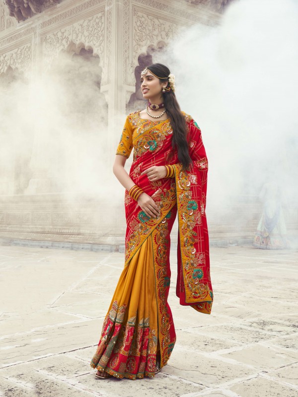Pure Dola Silk Wedding Wear Saree In Red & Mustard Color With Embroidery Work