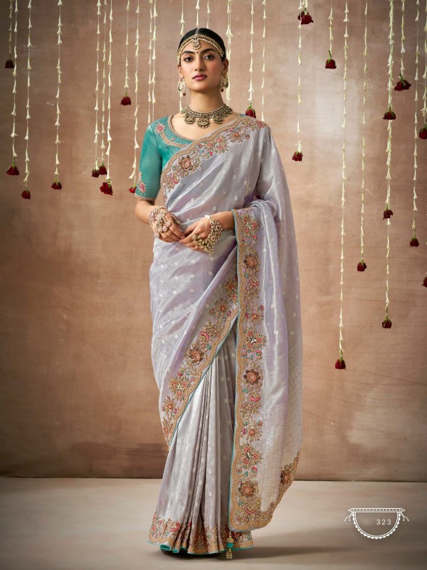Pure Organza Silk Party wear Saree Lavender Color With Embroidery Work 