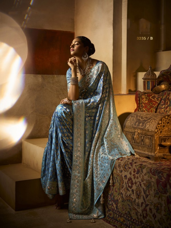 Kadwa Kasab Silk Party wear Saree In Sky Blue Color with Swaroskvi Work 