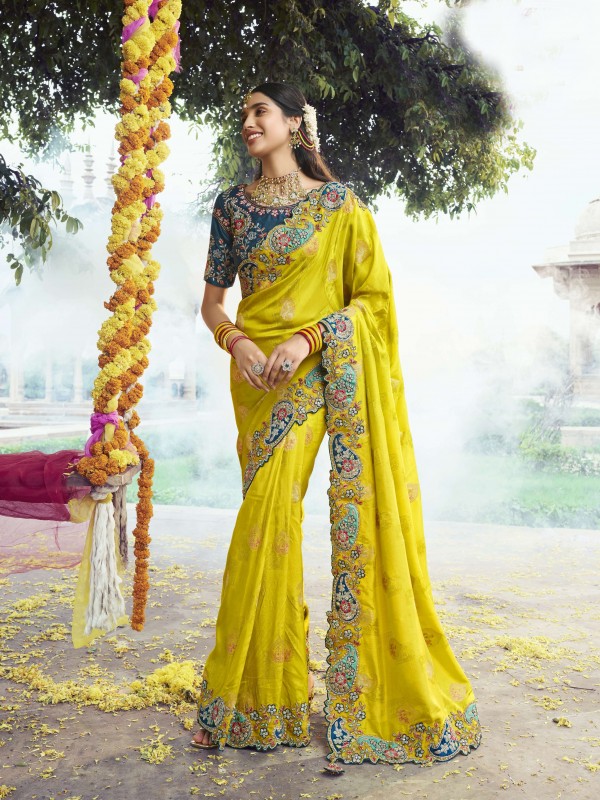 Pure Dola Silk Wedding Wear Saree In Yellow Color With Embroidery Work