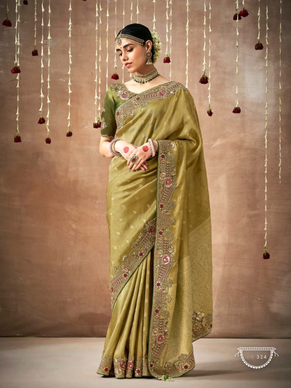 Pure Organza Silk Party wear Saree Green Color With Embroidery Work 