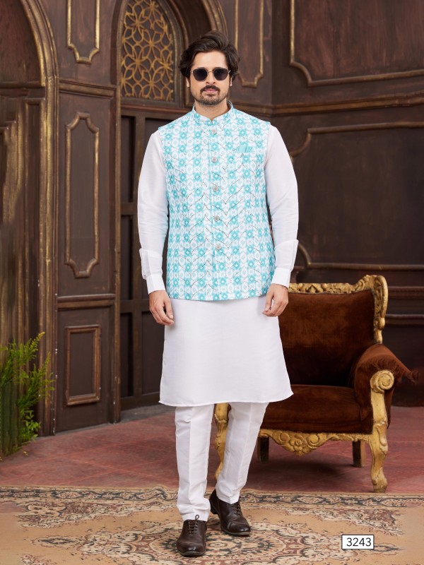 Art Silk Digital Print Readymade Koti Kurta in Blue & Off White Color  