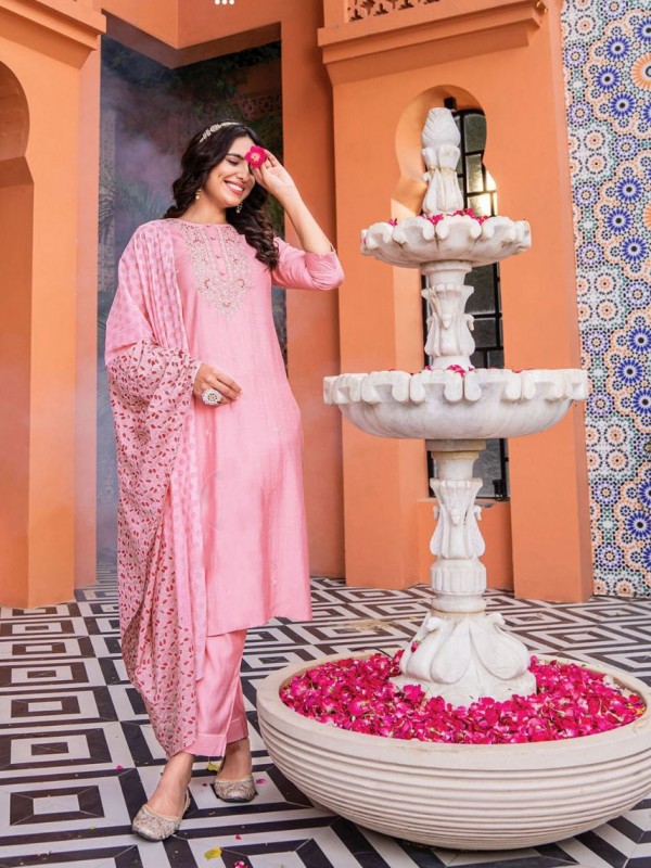 Viscose Party Wear Suit In Light Pink Color with Handwork 