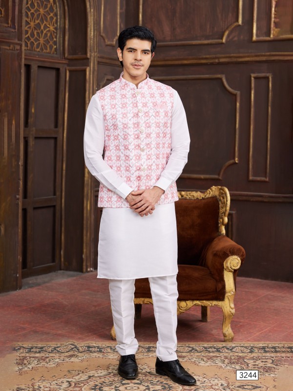 Art Silk Digital Print Readymade Koti Kurta in Pink & Off White Color  