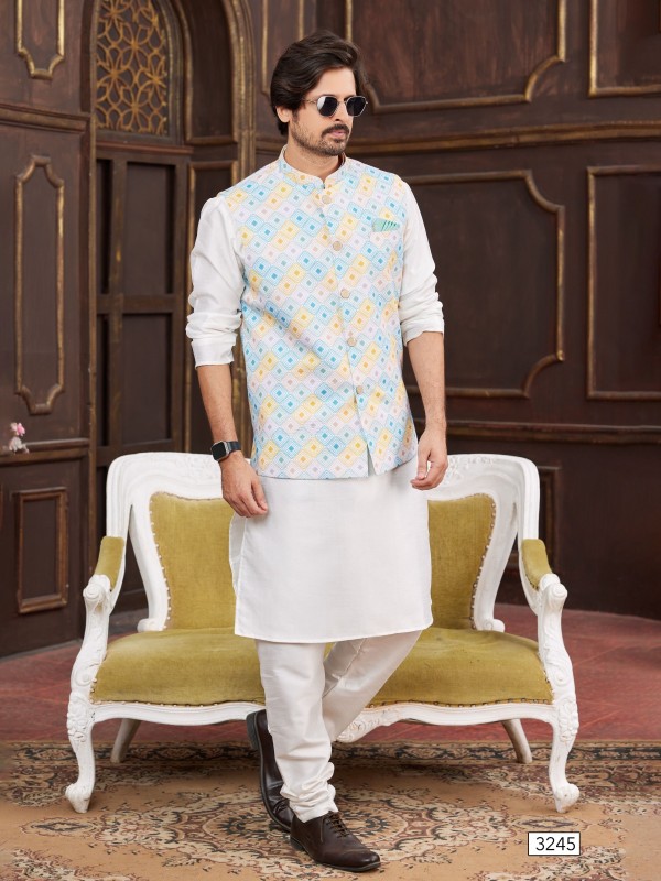 Art Silk Digital Print Readymade Koti Kurta in Cream & Multi Color  
