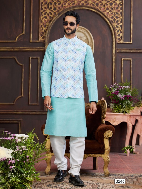 Art Silk Digital Print Readymade Koti Kurta in Sea Blue Color  