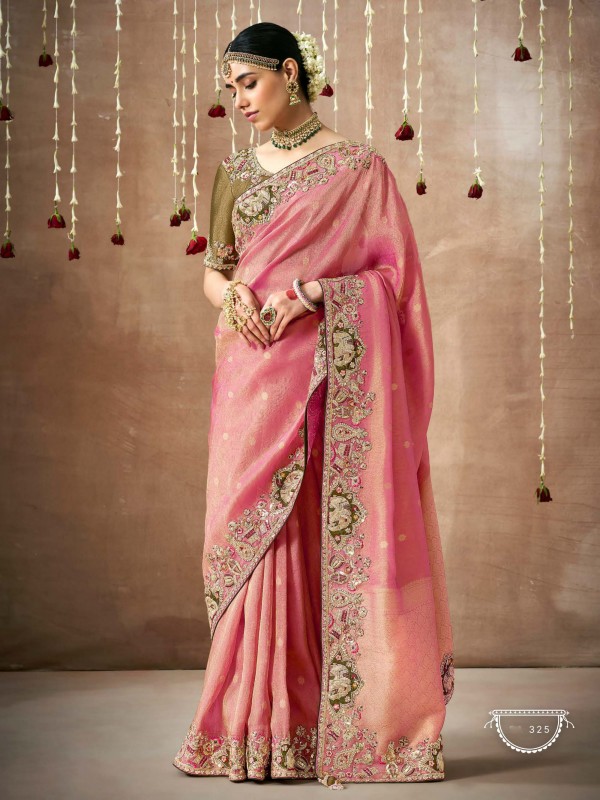 Pure Organza Silk Party wear Saree Pink Color With Embroidery Work 