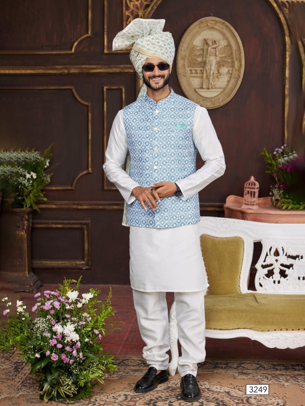 Art Silk Digital Print Readymade Koti Kurta in Blue & Off White Color  