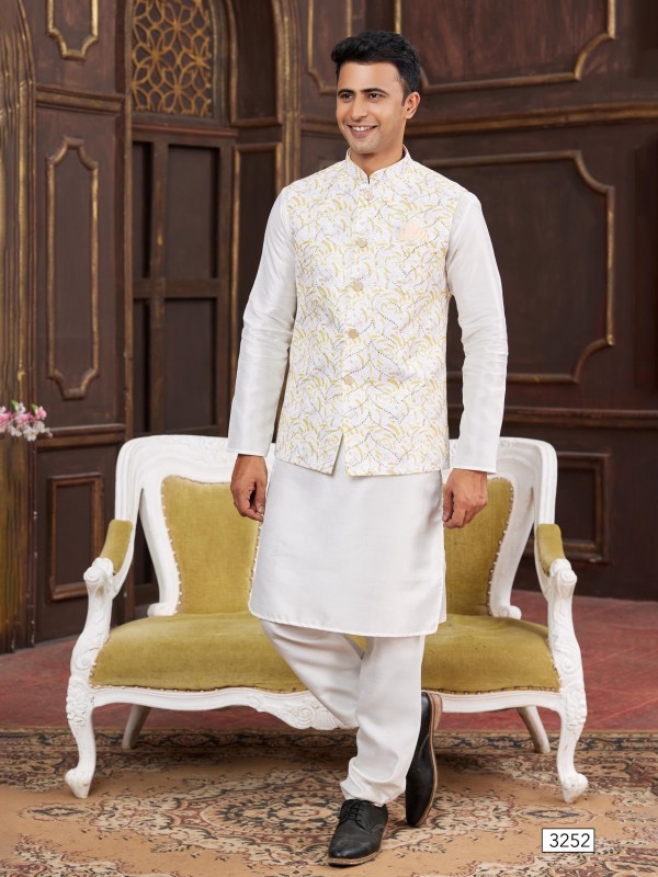 Art Silk Digital Print Readymade Koti Kurta in Yellow & Cream Color  