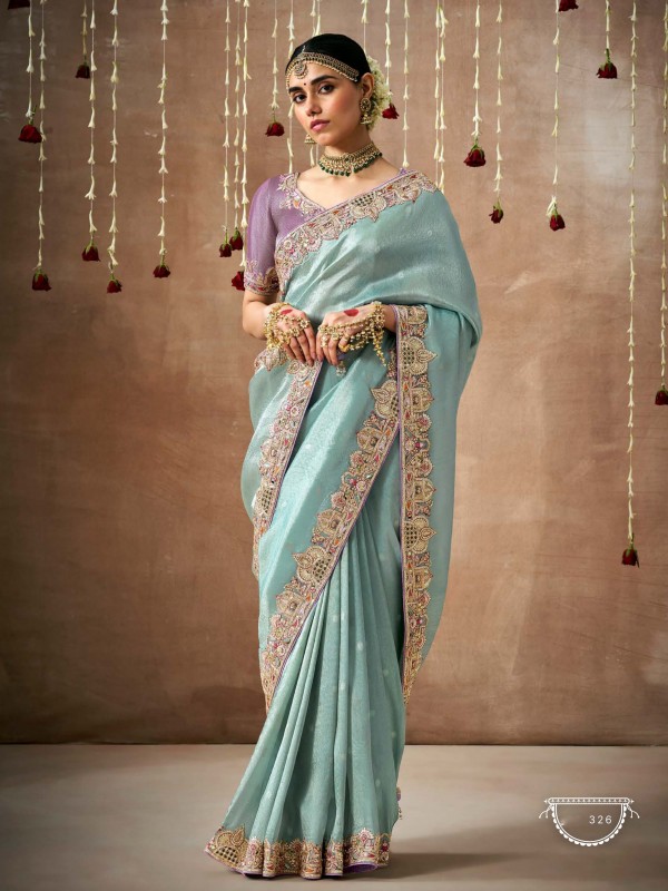 Pure Organza Silk Party wear Saree Light Blue Color With Embroidery Work 