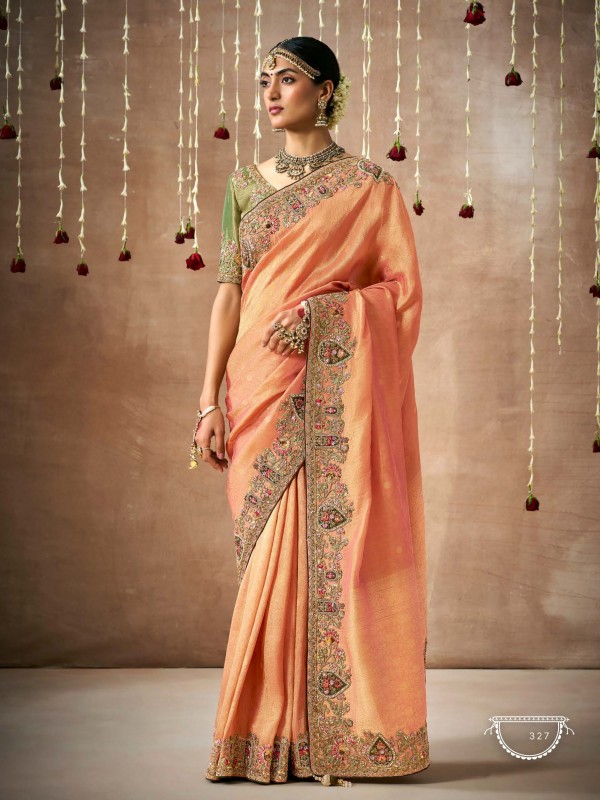 Pure Organza Silk Party wear Saree Peach Color With Embroidery Work 