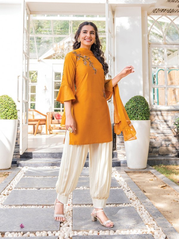 Pure Bemberg Silk Party Wear Suit In Yellow Color With Embroidery