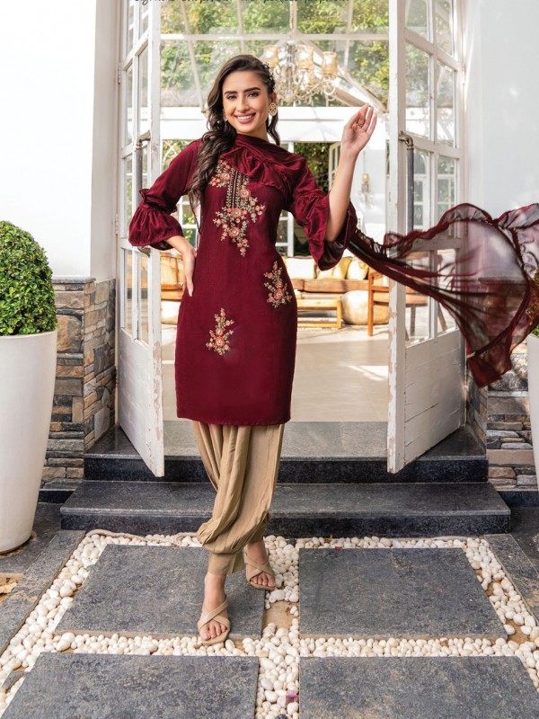Pure Bemberg Silk Party Wear Suit In Maroon Color With Embroidery