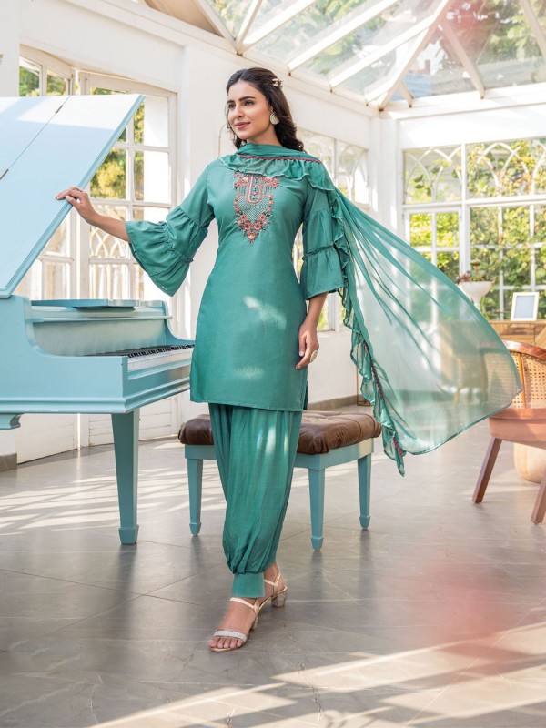 Pure Bemberg Silk Party Wear Suit In Turquoise Color With Embroidery