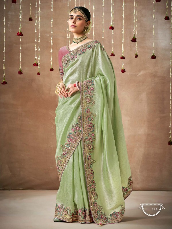 Pure Organza Silk Party wear Saree Pista Green Color With Embroidery Work 